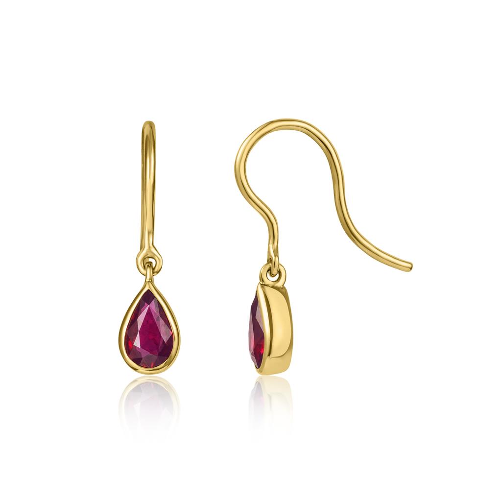 18ct Yellow Gold Pear Ruby Drop Earrings Thumbnail Image 0