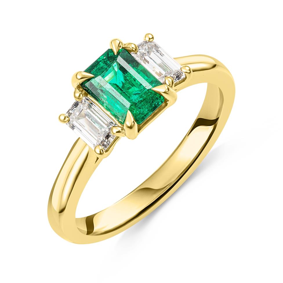 18ct Yellow Gold Emerald and Diamond Three Stone Ring Thumbnail Image 0