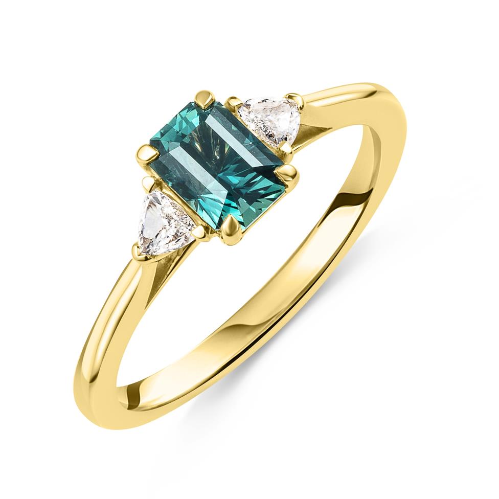 18ct Yellow Gold Teal Sapphire and Diamond Three Stone Ring Thumbnail Image 0