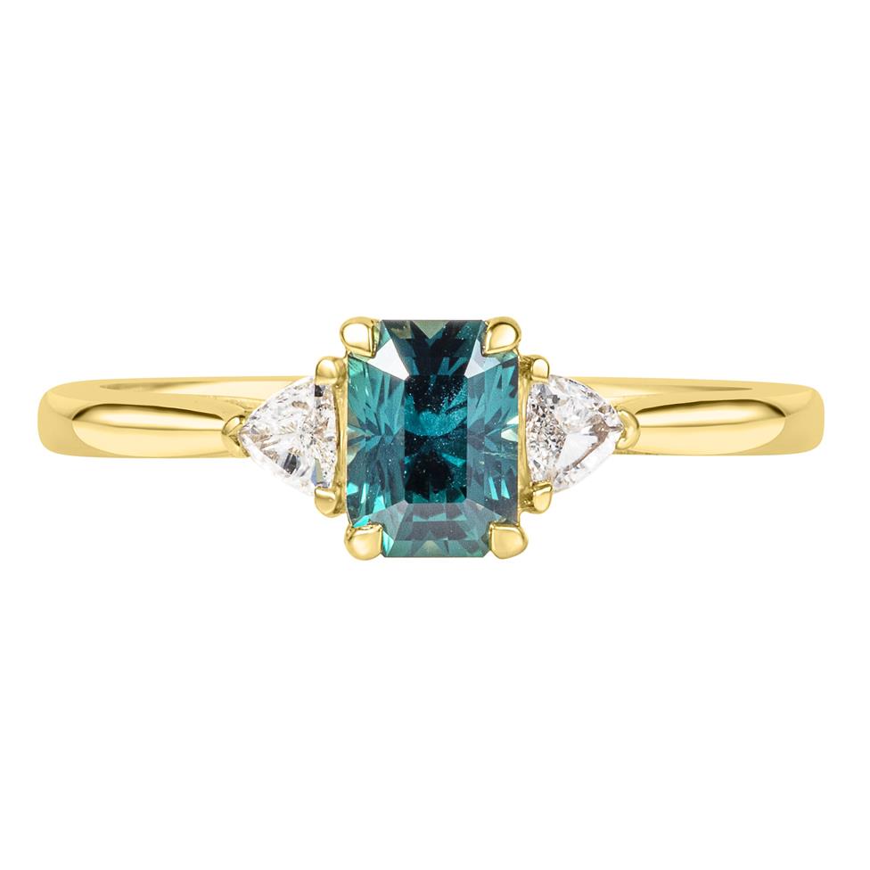 18ct Yellow Gold Teal Sapphire and Diamond Three Stone Ring Thumbnail Image 1