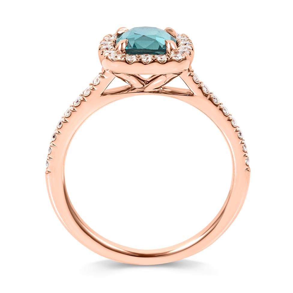 18ct Rose Gold Teal Sapphire and Diamond Halo Engagement Ring Thumbnail Image 2