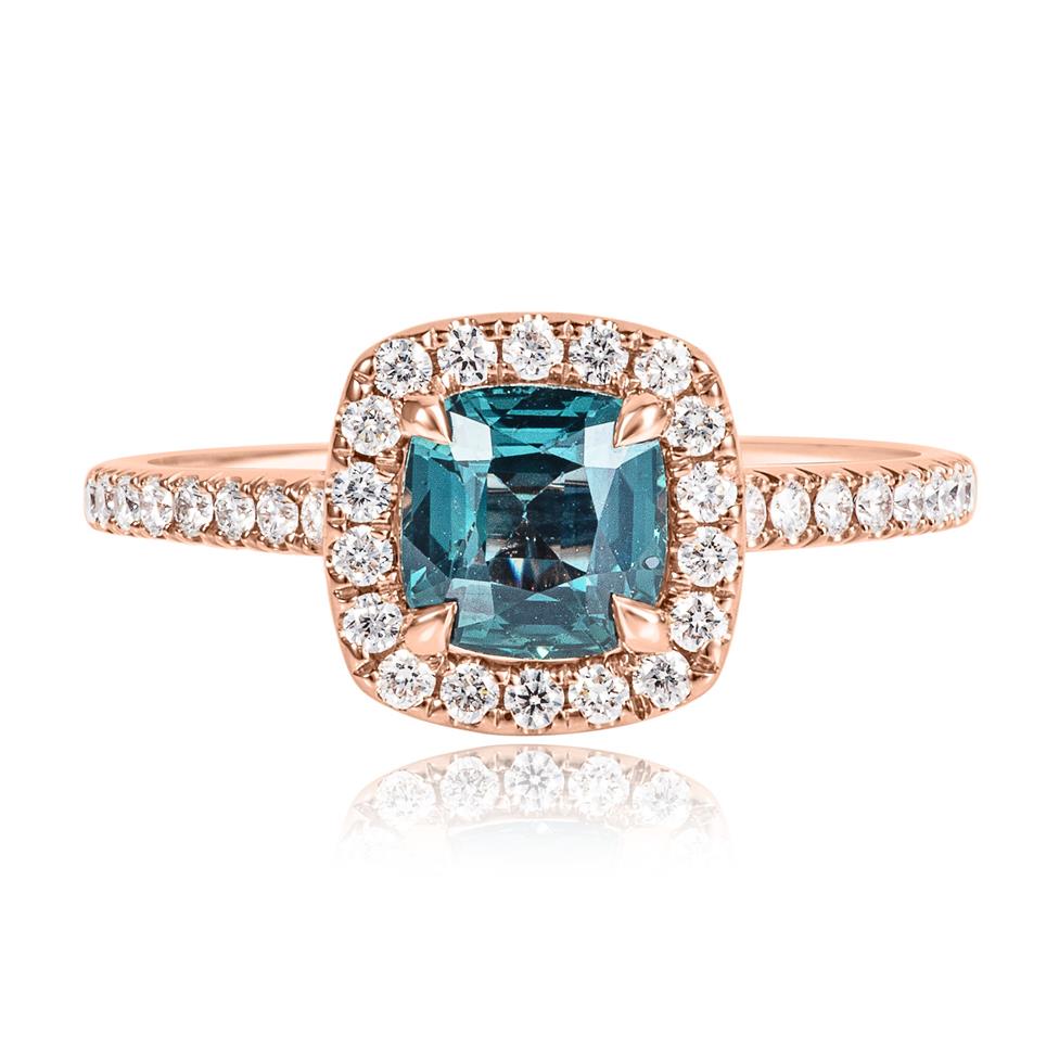 18ct Rose Gold Teal Sapphire and Diamond Halo Engagement Ring Thumbnail Image 1