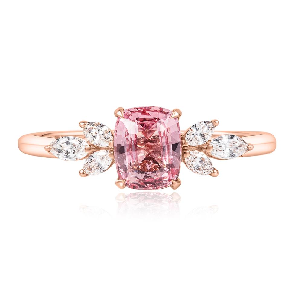 18ct Rose Gold Cushion Padparadscha Sapphire and Diamond Ring Thumbnail Image 2