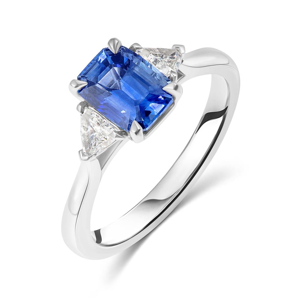 Platinum Emerald Cut Sapphire and Diamond Three Stone Ring  Thumbnail Image 0