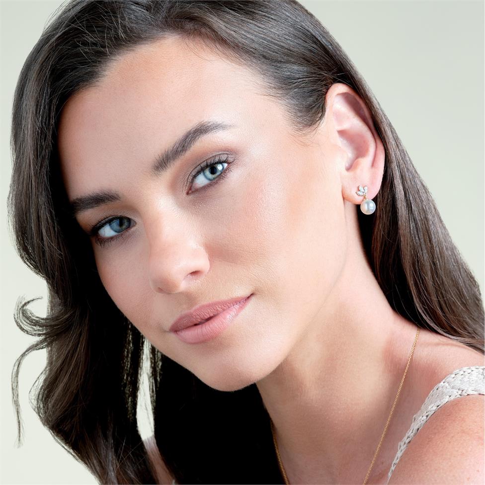 18ct Yellow Gold Pearl and Marquise Diamond Earrings Thumbnail Image 3