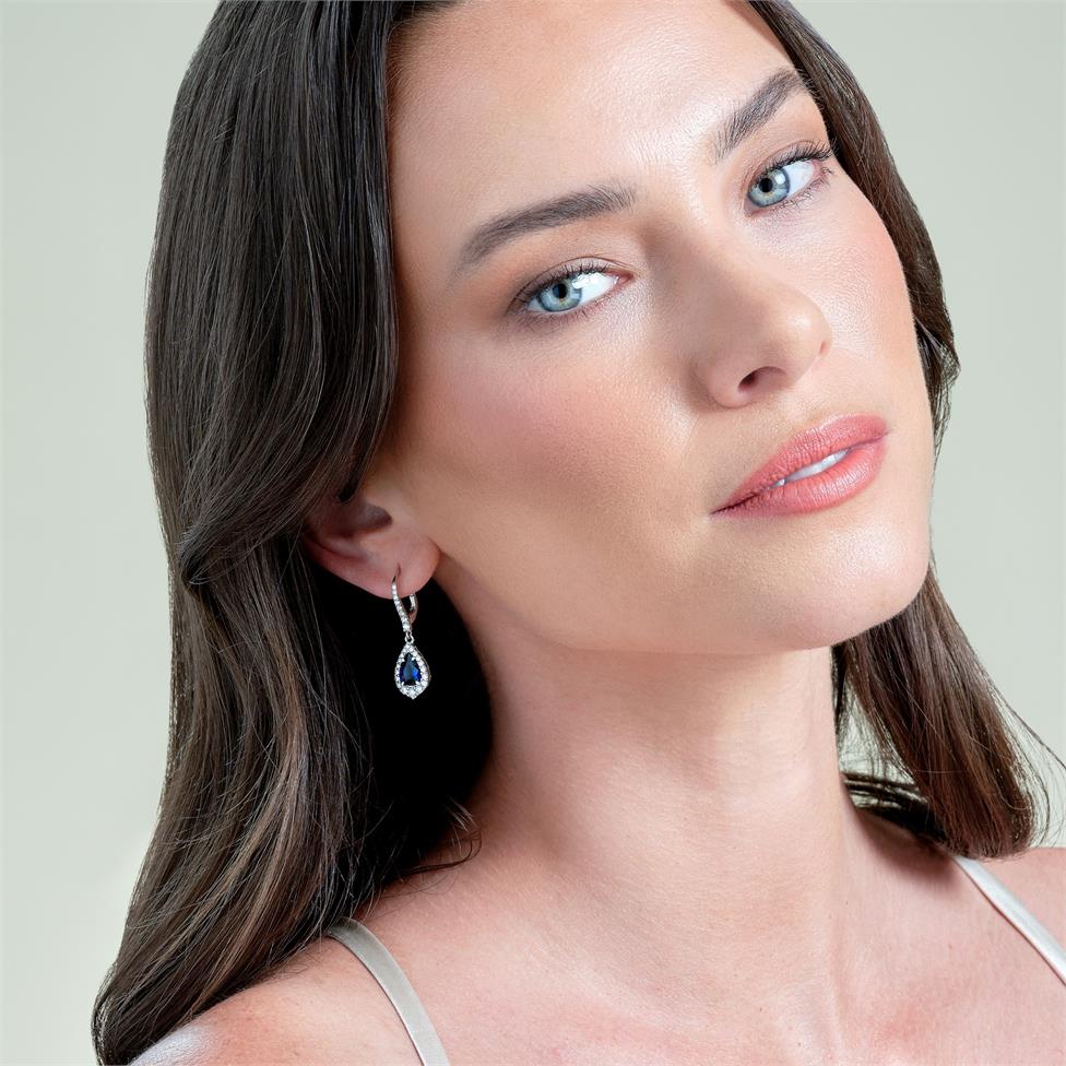 18ct White Gold Pear Sapphire and Diamond Drop Earrings Thumbnail Image 2