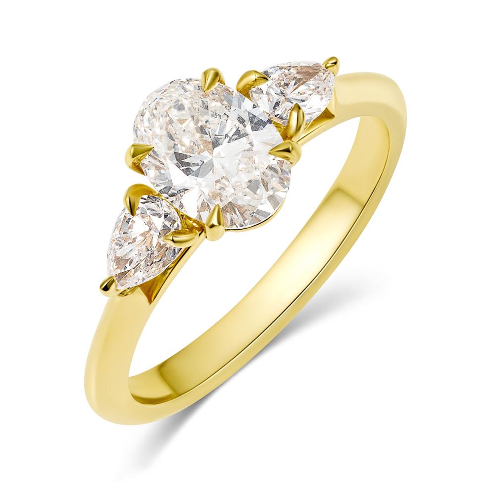 18ct Yellow Gold Oval and Pear Diamond Three Stone Engagement Ring 1.73ct Thumbnail Image 0
