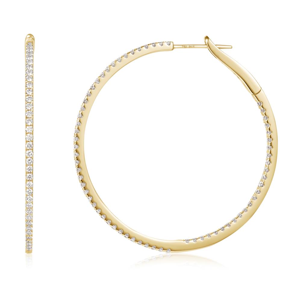 18ct Yellow Gold Diamond Hoop Earrings 38mm Thumbnail Image 0