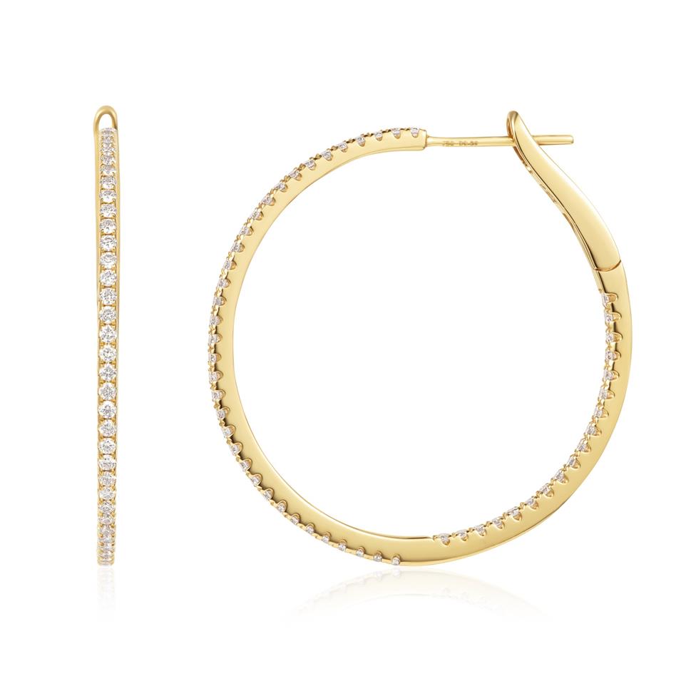 18ct Yellow Gold Diamond Hoop Earrings 32mm Thumbnail Image 0