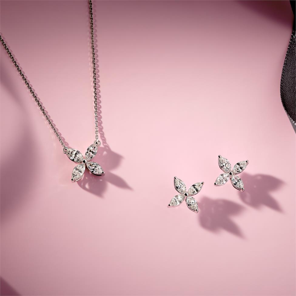 18ct White Gold Marquise Diamond Flower Necklace Thumbnail Image 1