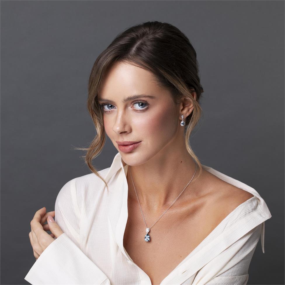 18ct White Gold Pear Aquamarine and Diamond Drop Necklace Thumbnail Image 1
