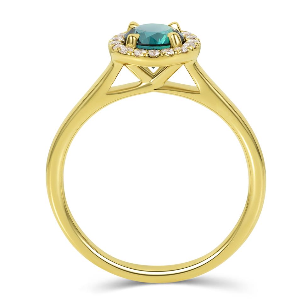 18ct Yellow Gold Round Teal Sapphire Halo Engagement Ring Thumbnail Image 2