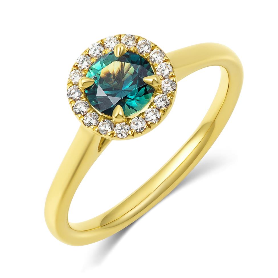 18ct Yellow Gold Round Teal Sapphire Halo Engagement Ring Thumbnail Image 0