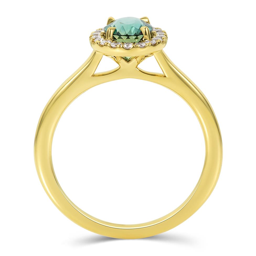 18ct Yellow Gold Oval Green Sapphire Halo Engagement Ring Thumbnail Image 2