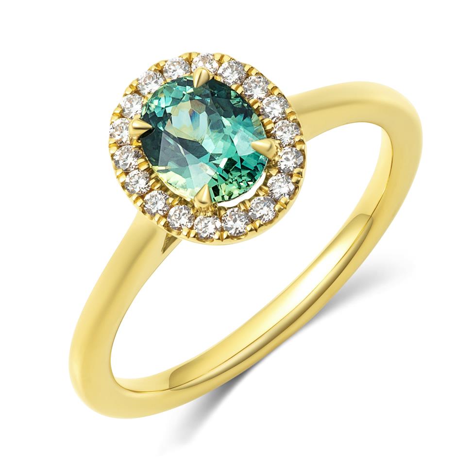 18ct Yellow Gold Oval Green Sapphire Halo Engagement Ring Thumbnail Image 0