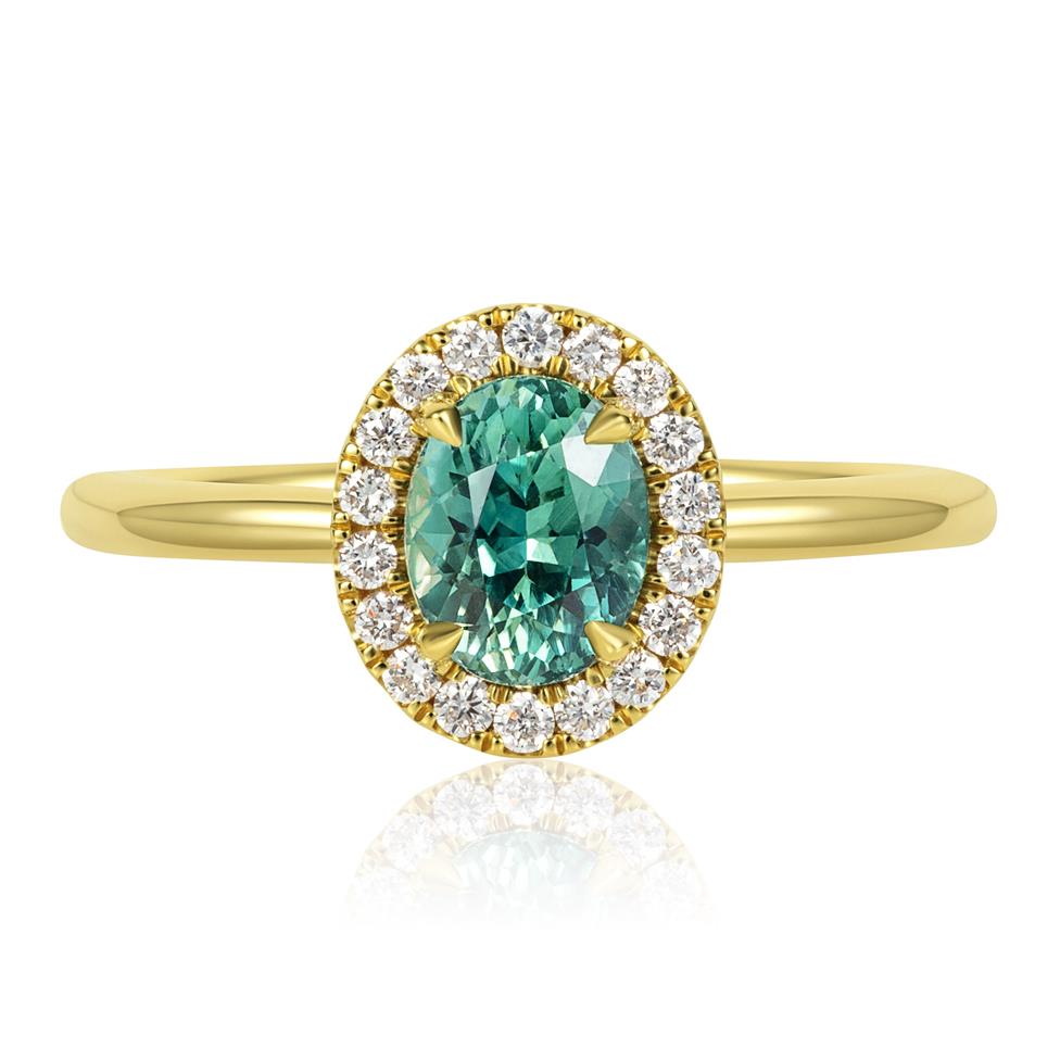18ct Yellow Gold Oval Green Sapphire Halo Engagement Ring Thumbnail Image 1