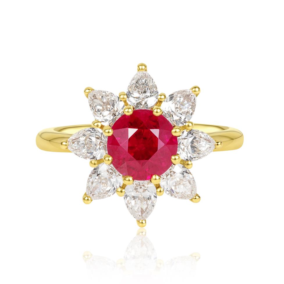 18ct Yellow Gold Ruby and Pear Diamond Cluster Ring Thumbnail Image 2