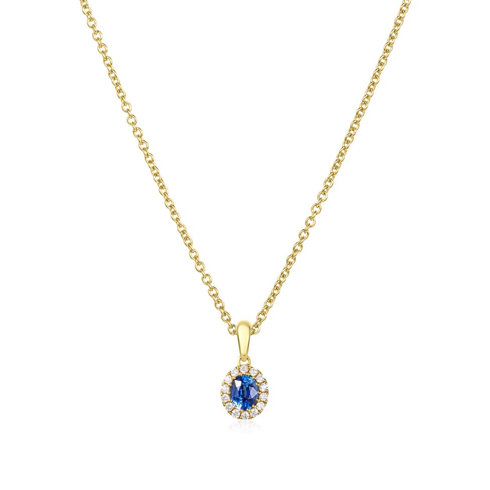 Camellia 18ct Yellow Gold Sapphire and Diamond Oval Halo Pendant Thumbnail Image 1
