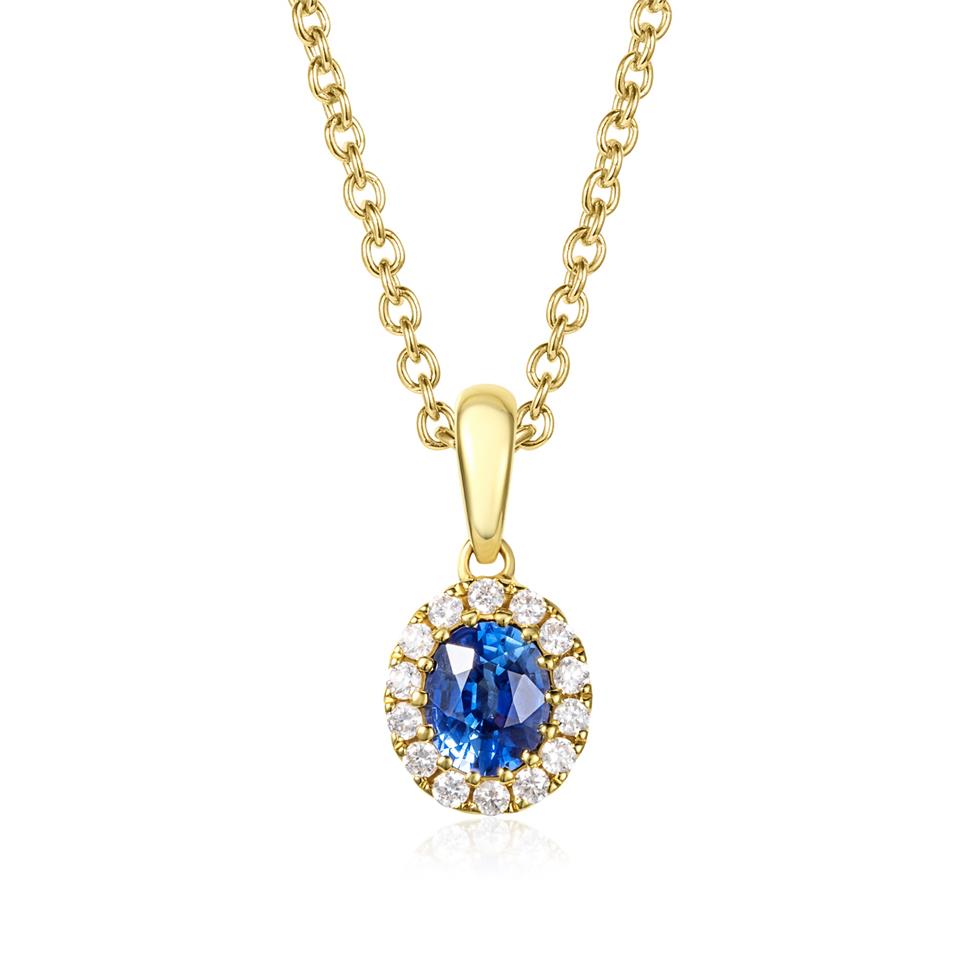 Camellia 18ct Yellow Gold Sapphire and Diamond Oval Halo Pendant Thumbnail Image 0