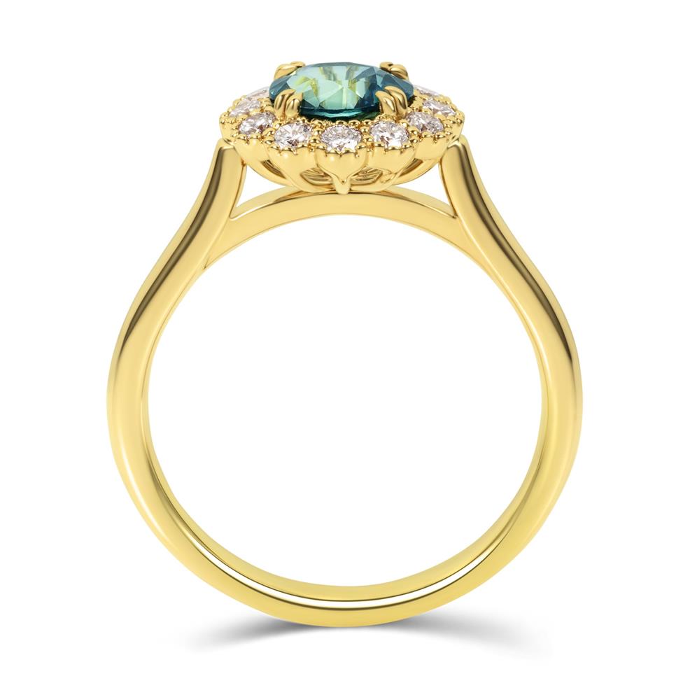 18ct Yellow Gold Round Teal Sapphire and Diamond Halo Ring Thumbnail Image 2