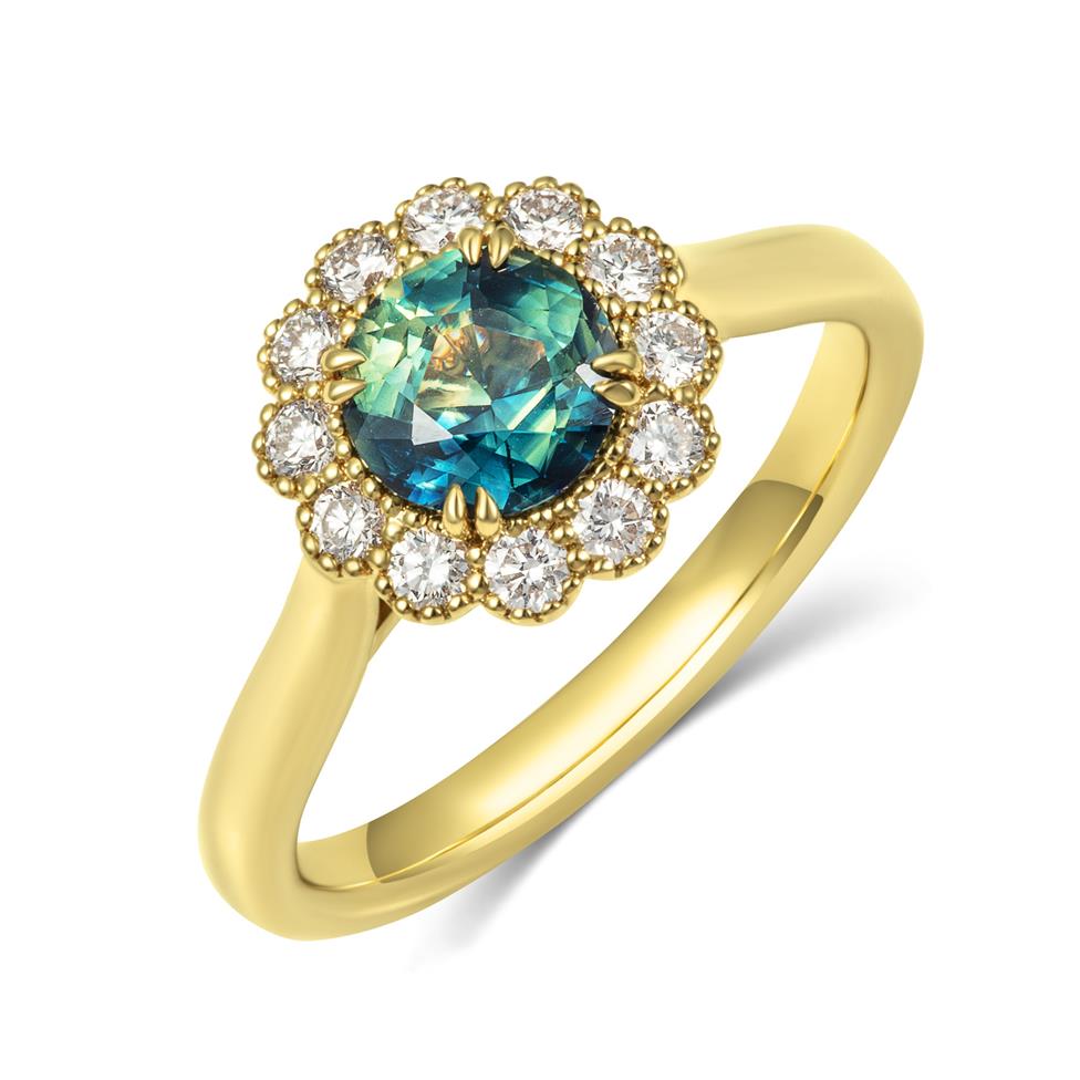 18ct Yellow Gold Round Teal Sapphire and Diamond Halo Ring Thumbnail Image 0