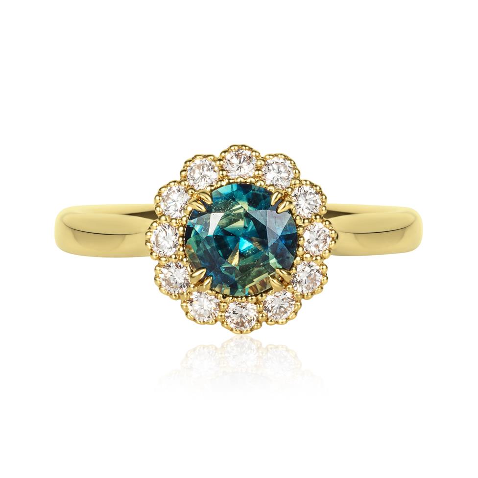 18ct Yellow Gold Round Teal Sapphire and Diamond Halo Ring Thumbnail Image 1