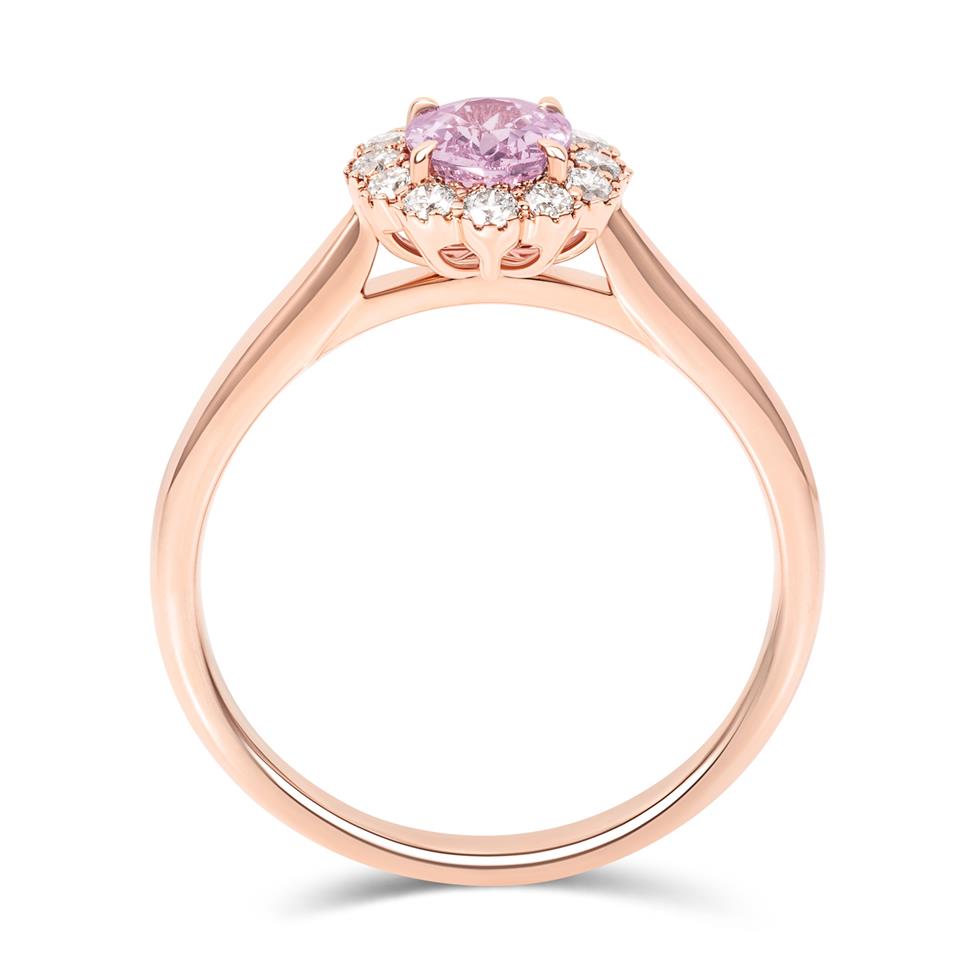 18ct Rose Gold Oval Padparadscha Sapphire and Diamond Halo Ring Thumbnail Image 3