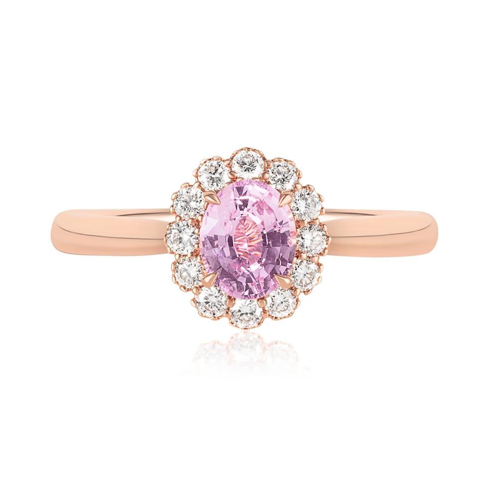 18ct Rose Gold Oval Padparadscha Sapphire and Diamond Halo Ring Thumbnail Image 2