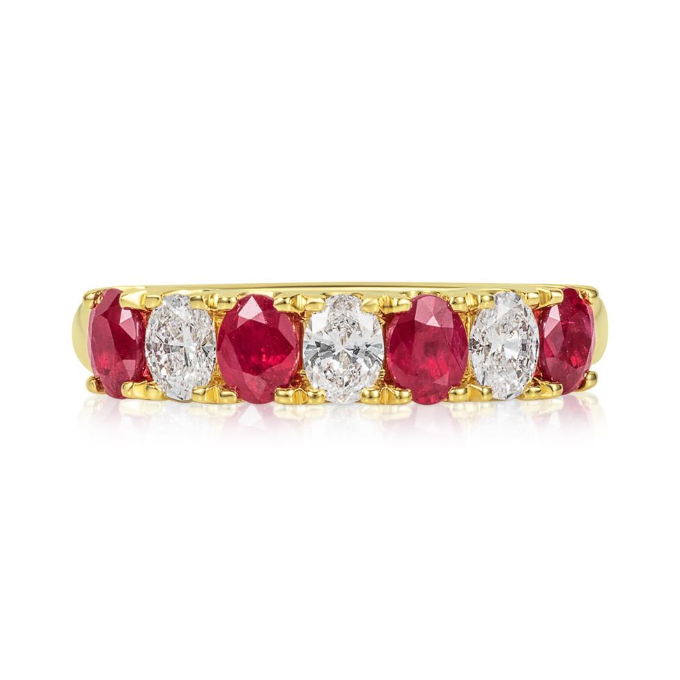 18ct Yellow Gold Oval Ruby and Diamond Half Eternity Ring Thumbnail Image 2