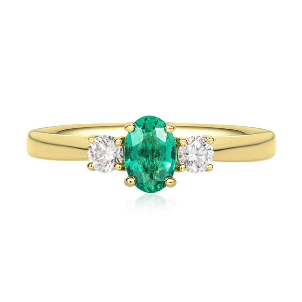 18ct Yellow Gold Emerald and Diamond Three Stone Ring Thumbnail Image 1