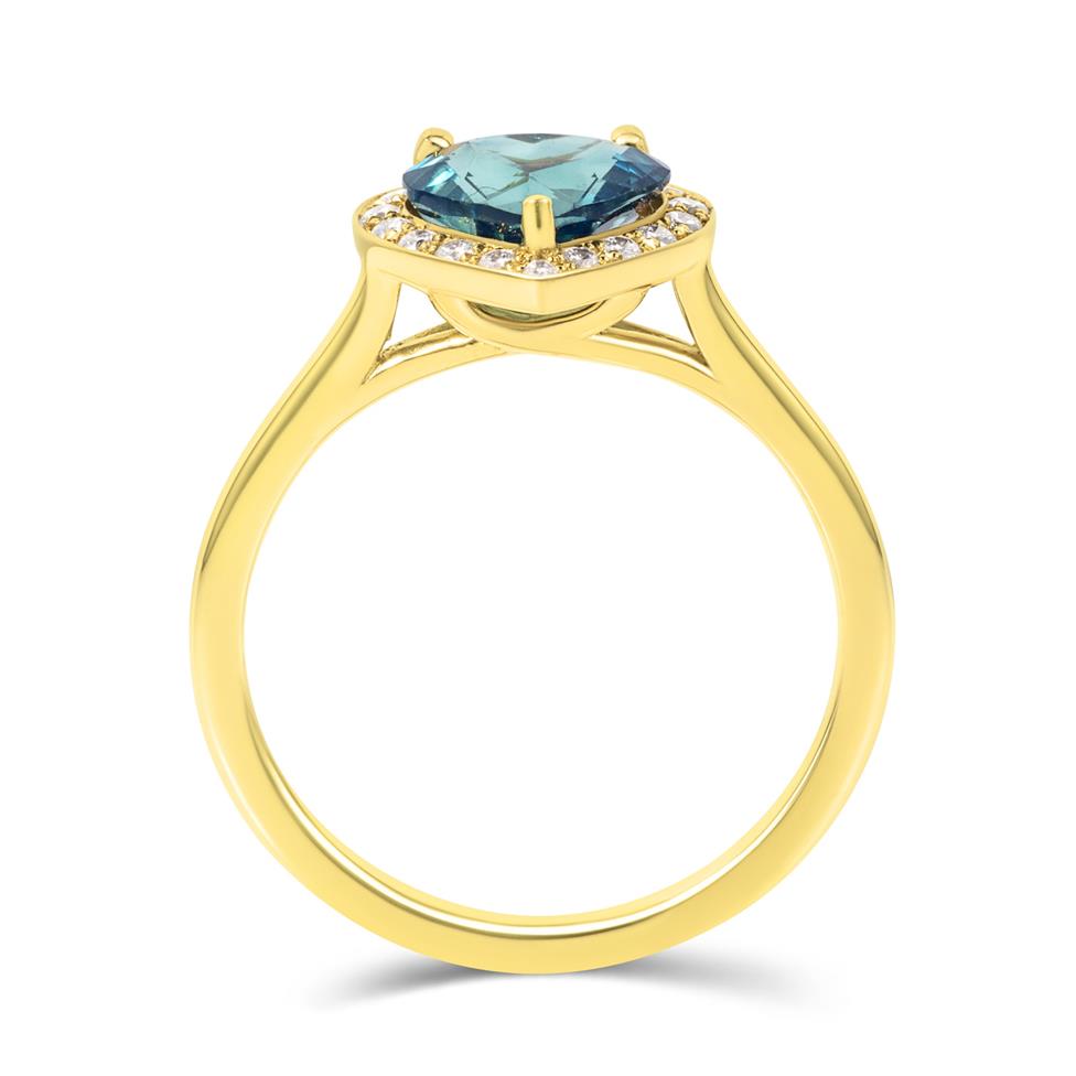 18ct Yellow Gold Heart Teal Sapphire Halo Engagement Ring Thumbnail Image 4