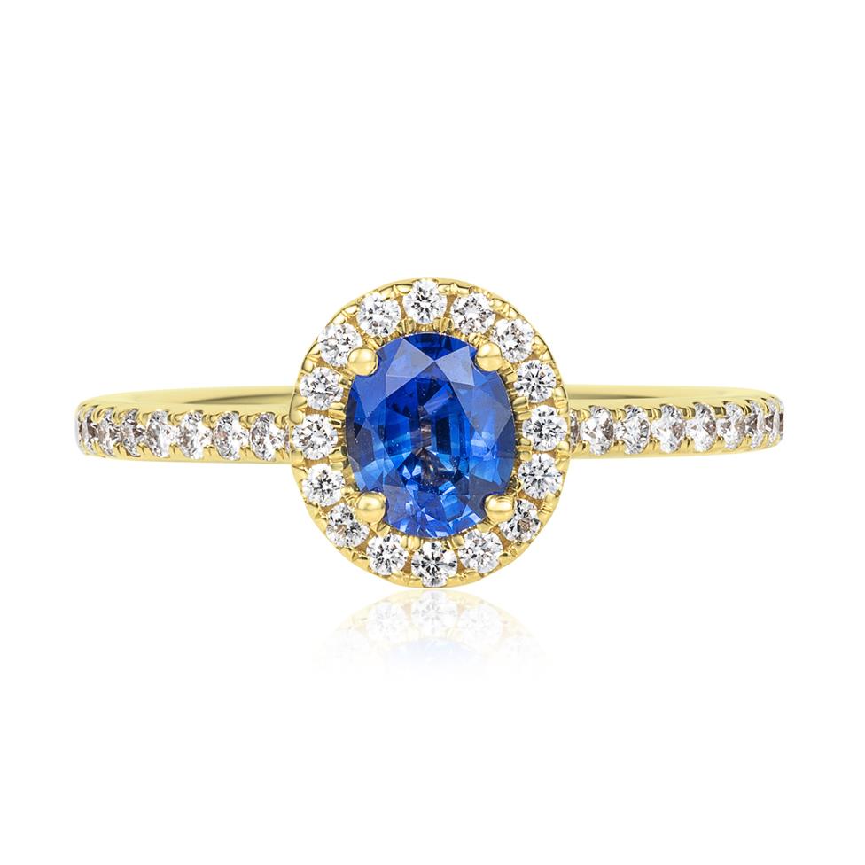 18ct Yellow Gold Oval Sapphire and Diamond Halo Ring Thumbnail Image 2