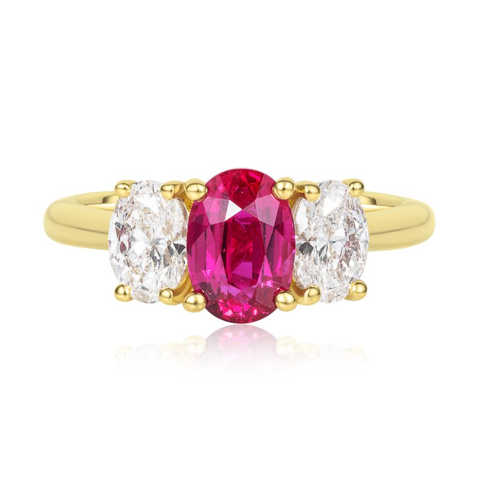 18ct Yellow Gold Ruby and Diamond Three Stone Engagement Ring Thumbnail Image 1