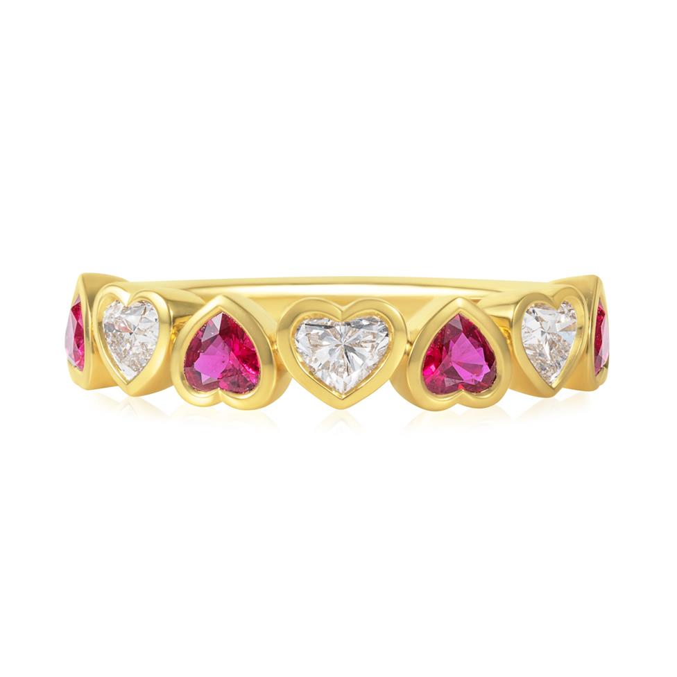 18ct Yellow Gold Heart Ruby and Diamond Half Eternity Ring Thumbnail Image 2