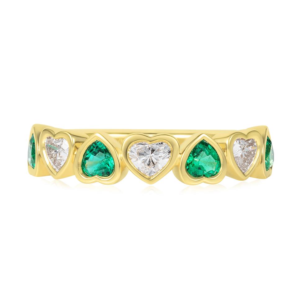 18ct Yellow Gold Heart Emerald and Diamond Half Eternity Ring Thumbnail Image 2