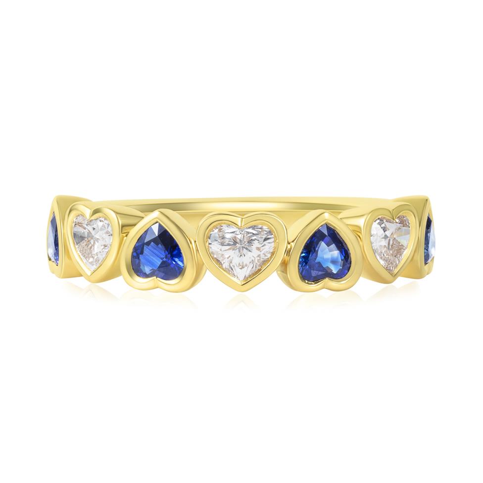 18ct Yellow Gold Heart Sapphire and Diamond Half Eternity Ring Thumbnail Image 2