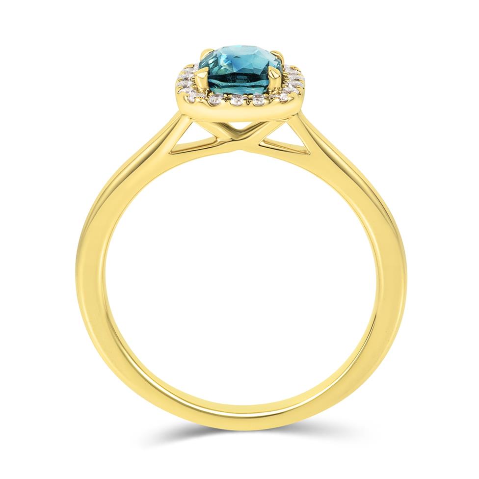 18ct Yellow Gold Cushion Teal Sapphire Halo Engagement Ring Thumbnail Image 3