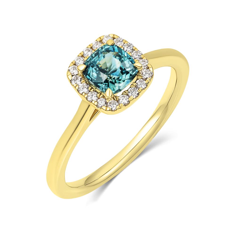 18ct Yellow Gold Cushion Teal Sapphire Halo Engagement Ring Thumbnail Image 0