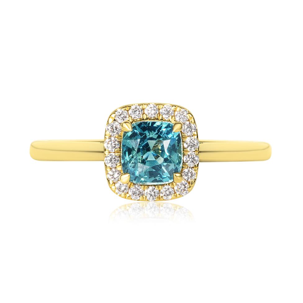 18ct Yellow Gold Cushion Teal Sapphire Halo Engagement Ring Thumbnail Image 2