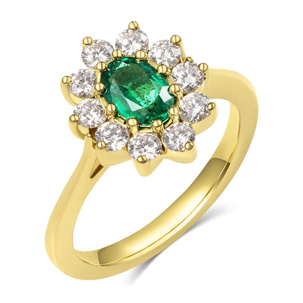 18ct Yellow Gold Oval Emerald and Diamond Cluster Engagement Ring Thumbnail Image 0