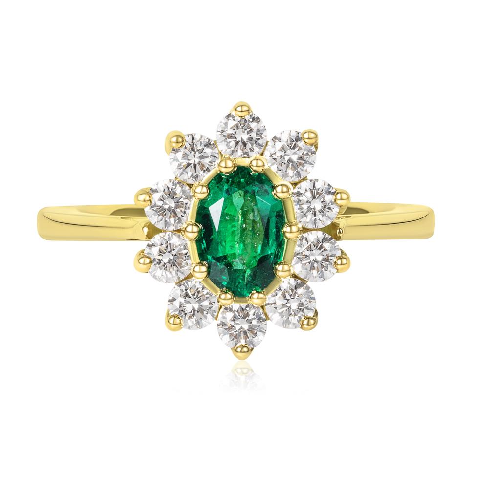 18ct Yellow Gold Oval Emerald and Diamond Cluster Engagement Ring Thumbnail Image 2