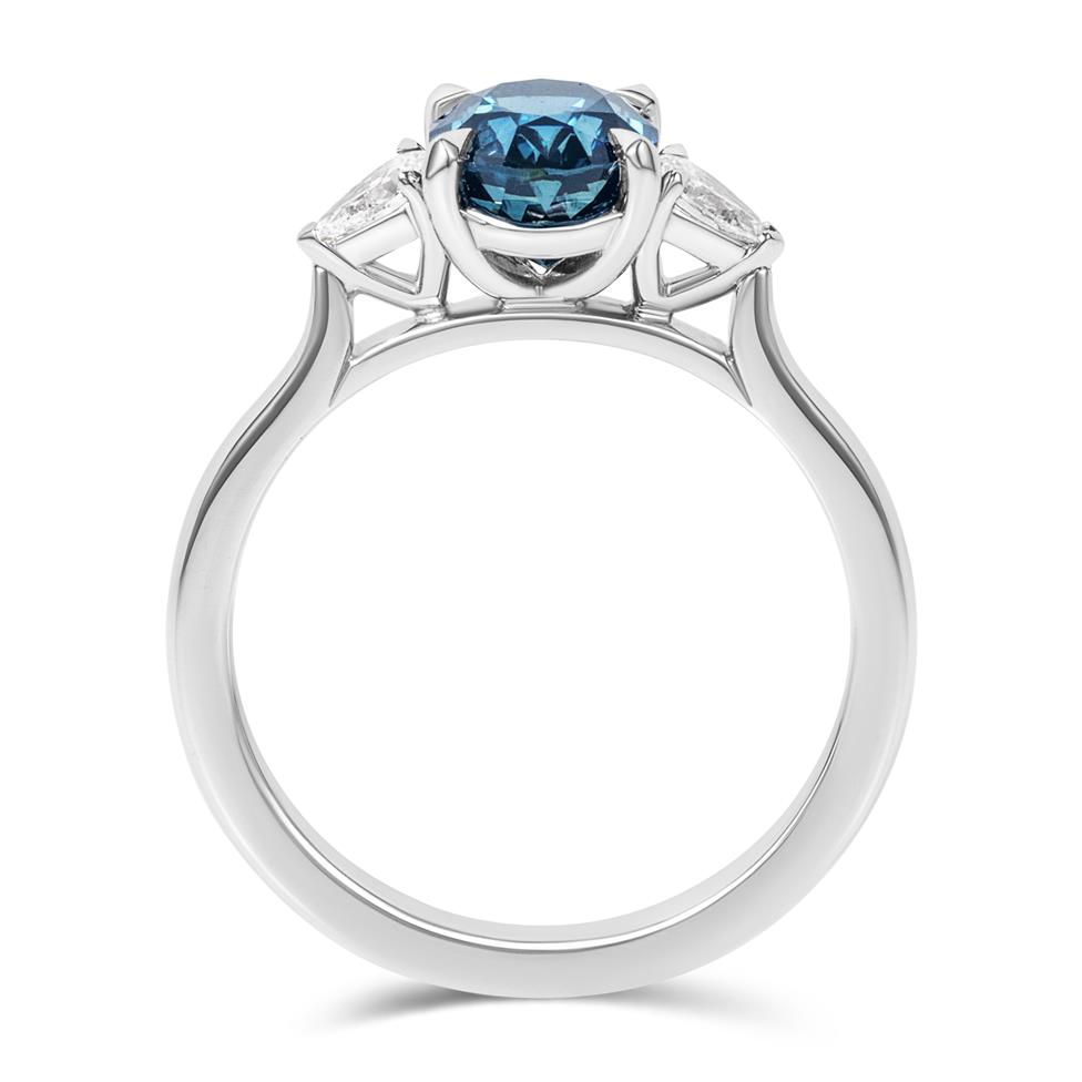 Platinum Oval Teal Sapphire and Diamond Three Stone Ring Thumbnail Image 2