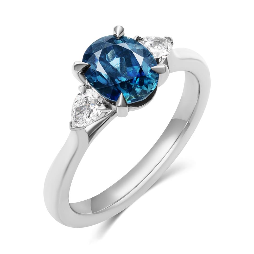 Platinum Oval Teal Sapphire and Diamond Three Stone Ring Thumbnail Image 0