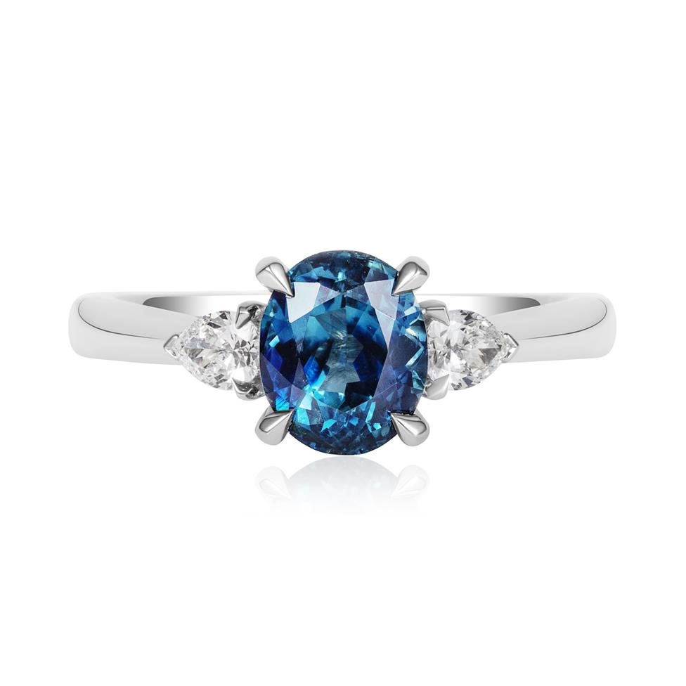 Platinum Oval Teal Sapphire and Diamond Three Stone Ring Thumbnail Image 1