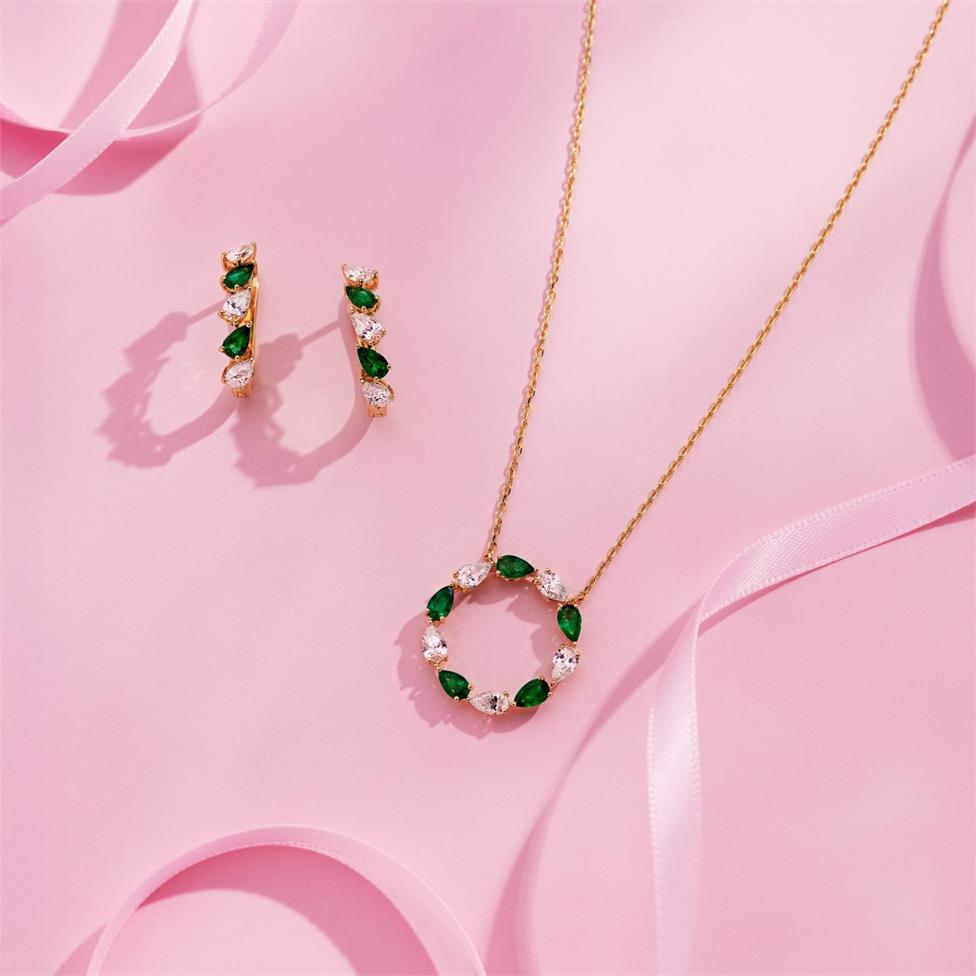 Aurora Yellow Gold Emerald and Diamond Half Hoop Earrings Thumbnail Image 2