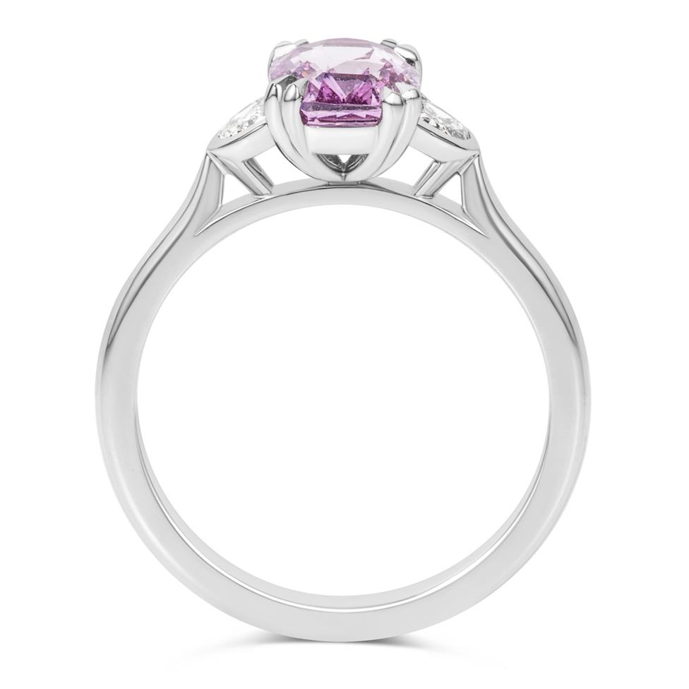 Platinum Cushion Cut PinkSapphire and Diamond Three Stone Ring Thumbnail Image 3