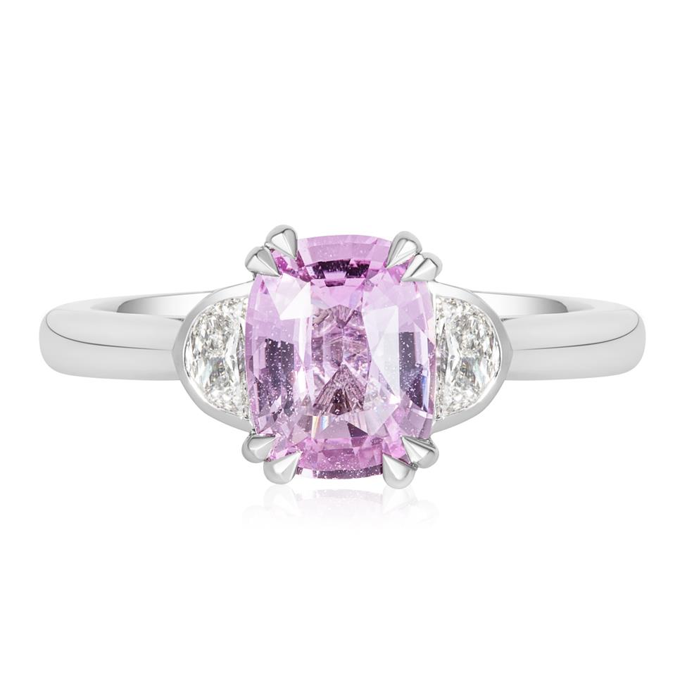 Platinum Cushion Cut PinkSapphire and Diamond Three Stone Ring Thumbnail Image 2