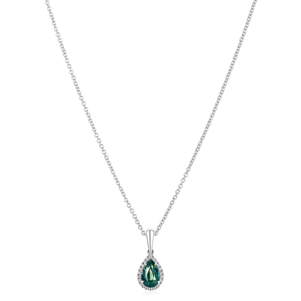 Camellia 18ct White Gold Pear Teal Sapphire and Diamond Pendant Thumbnail Image 2
