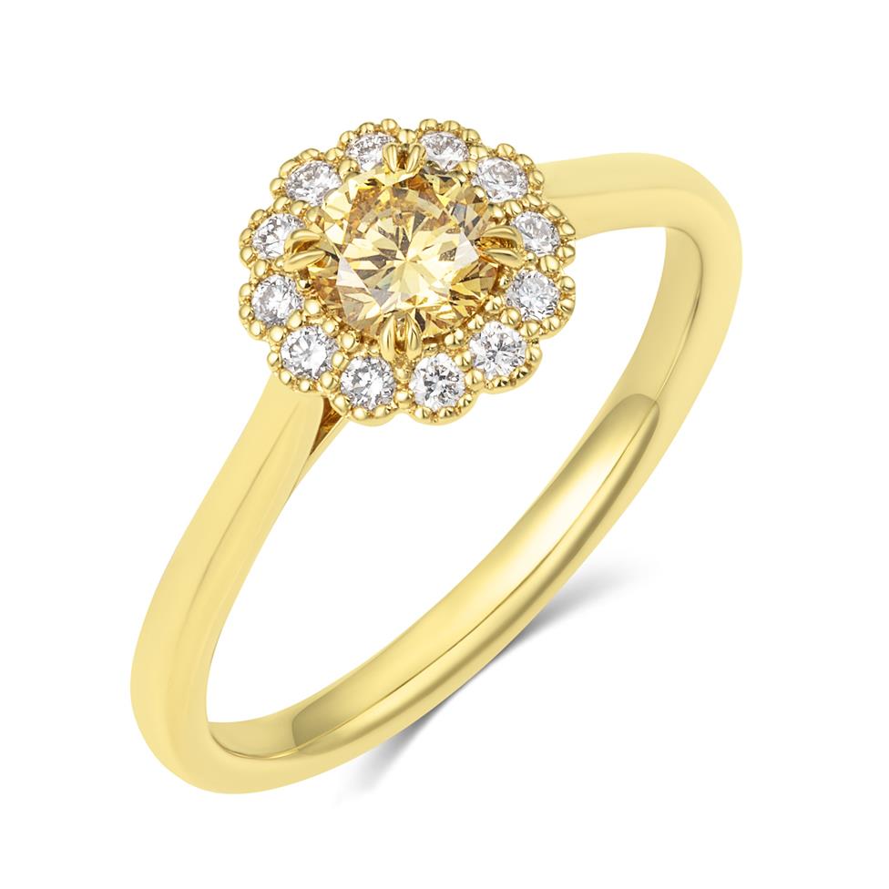 18ct Yellow Gold Round Fancy Colour Diamond Halo Ring Thumbnail Image 0