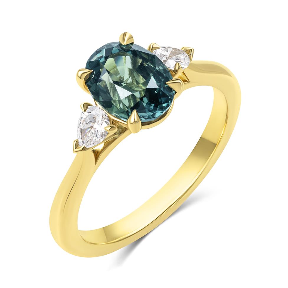 18ct Yellow Gold Oval Bi-Colour Sapphire and Diamond Three Stone Ring Thumbnail Image 0